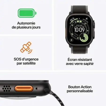 Apple Watch Ultra 3 5G-LTE GPS + Cellulaire - 49 mm - Titane Noir - Bracelet Océan Noir - WatchOS 26