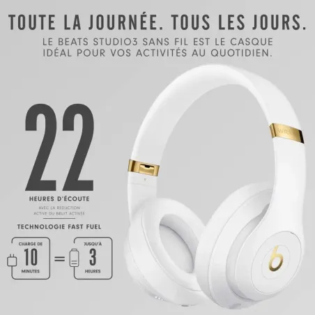 Casque sans fil à réduction de bruit Beats Studio 3 Blanc - Garantie 1 An