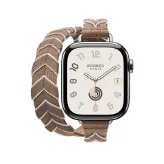 Apple Watch Bracelet Bride Équestre Hermès - Double Tour Bridon Attelage Beige - Weimar/Blanc 42 mm