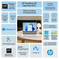 HP - OmniBook 5 Laptop 16 - AMD Ryzen™ 7  - Ram 16 Go - 512 Go - 16'' - Garantie 1an